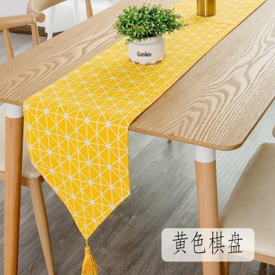 北欧桌旗 棉麻家用桌布电视柜长桌旗欧式茶几现代简约 黄色棋盘 30*220cm(适合160-180cm左右桌子茶桌柜子)
