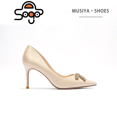 七色王国酒红色高跟鞋女2020年新款新娘水钻蝴蝶结细跟结婚鞋百搭尖头单鞋休闲鞋