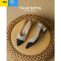 聚范日系王妃鞋2024年新款百搭飞织鱼丝编织粗跟浅口尖头单鞋高跟鞋女