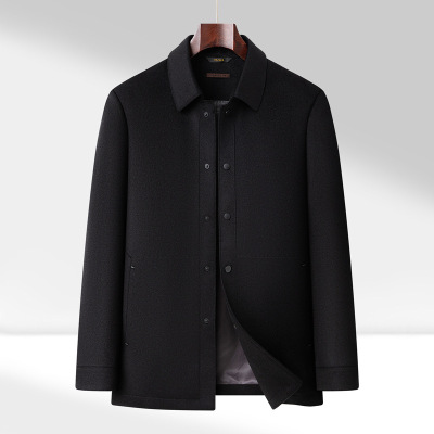 中老年纯色简约含桑蚕丝羊毛夹克男士秋冬新款商务翻领呢子茄克男
