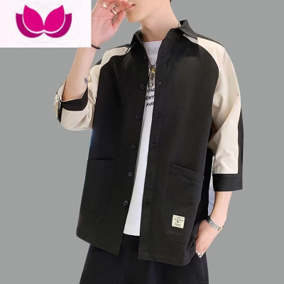 七斓夏季衬衫男士帅气宽松中袖潮流百搭工装七分袖衬衣男休闲短袖开衫