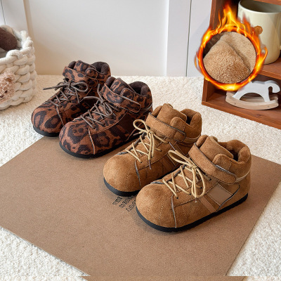 儿童复古磨砂皮中帮加绒德训鞋秋冬新款魔术贴丑萌大头休闲鞋