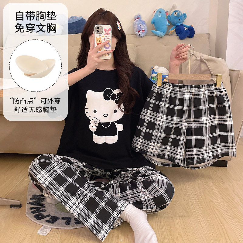 三件套自带胸垫睡衣女短袖长裤卡通可爱ins风短裤女家居服可外穿