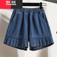 YIBUSHENG大码女装宽松显瘦百褶短裤小众设计感胖mm松紧腰a字阔腿牛仔裤