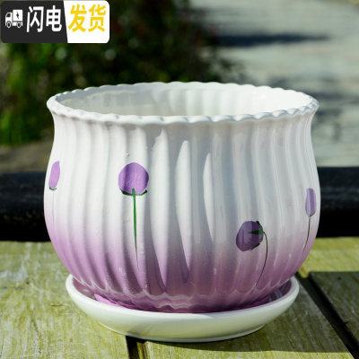 三维工匠花盆陶瓷大号特大家用带托盘创意绿萝室内简约小多肉花盆 S1紫色薰草小花单个 大花盆容器