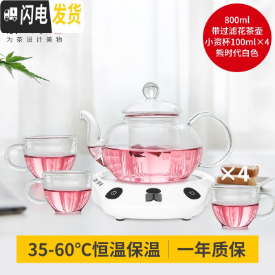 三维工匠玻璃花茶壶茶具套装带透明耐热过滤保温壶恒温宝电热加热底座 圆壶800+熊时代白色+4小资杯