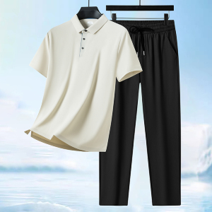 恒源祥夏季冰丝t恤男爸爸短袖运动套装中年速干休闲长裤两件套