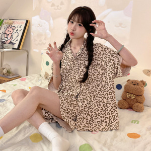 睡衣女夏季薄款仿棉开衫短袖短裤套装学生甜美可爱外穿翻领家居服