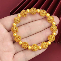 仿沙金镀金传承花丝玲珑镂空圆珠手链女转运珠手串DIY送女友礼物送女朋友老婆情人节七夕生日礼物