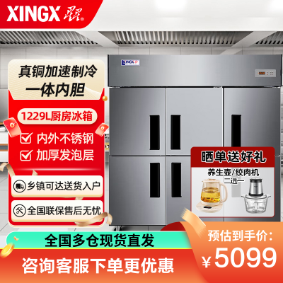 星星(XINGX)1229升商用立式不锈钢厨房冷柜单温纯铜餐饮酒店展示柜六门冰箱 纯铜六门全冷冻款 BD-1300TE