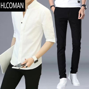 HLCOMAN中国风t恤男白色男士短袖棉麻衣服夏季中袖亚麻衬衫套装帅气一套