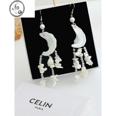JiMi海边度假风贝壳月牙耳环女小众高级手工串珠长款流苏耳夹耳坠