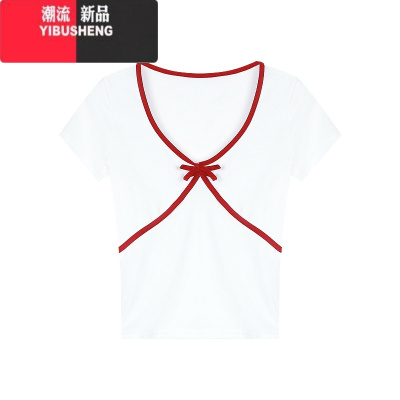 YIBUSHENG设计感撞色V领纯欲修身短袖T恤女季新款小众显瘦百搭蝴蝶结上衣