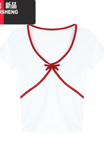 YIBUSHENG设计感撞色V领纯欲修身短袖T恤女季新款小众显瘦百搭蝴蝶结上衣