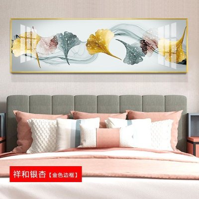 现代床头横版一整幅装饰画卧室背景墙免祥和银杏（金色边框）90*180cm晶瓷画(晶瓷工艺+金属框)统一发金色边框（需