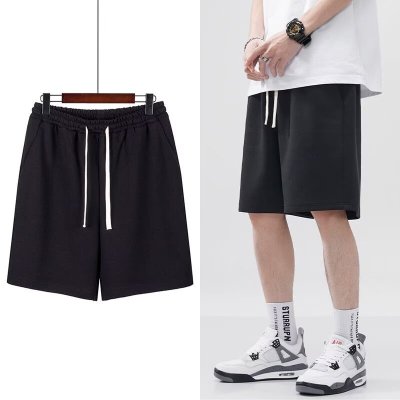 简约纯色编织抽绳运动短裤男女潮牌街头宽松阔腿五分卫裤