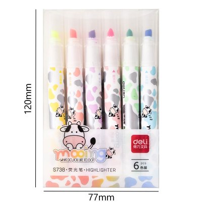 得力荧光笔标牛年主题记笔大容量荧光色笔手账专用笔彩色记号笔彩色学生用标记笔彩色划重点记笔记专用笔牛年大吉-单头6色装