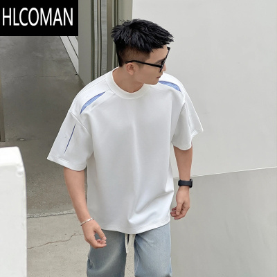 HLCOMAN260g曼巴棉条纹结构设计感T恤男短袖夏季薄款凉感透气休闲五分袖