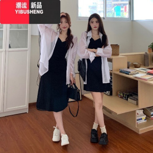 YIBUSHENG大码女装2023春季胖mm纯色防晒衬衫+褶皱收腰显瘦开叉吊带连衣裙