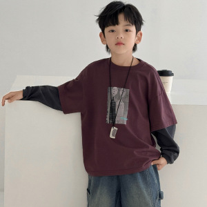 男童假两件T恤长袖春秋季港风中大儿童炸街打底衫潮T男孩帅气上衣