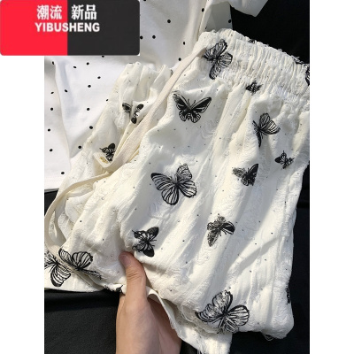 YIBUSHENG松紧腰带钻蝴蝶印花休闲裤子女季新款小个子宽松显瘦阔腿长裤子