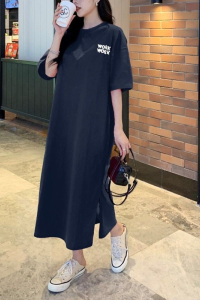 韩国大码T恤女装夏上衣睡裙短袖打底衫女宽松中长款开叉连衣裙女