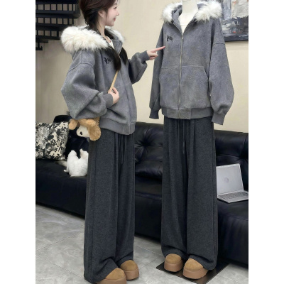 加绒加厚糯米裤女新款冬季小个子宽松慵懒休闲高腰直筒阔腿裤_767