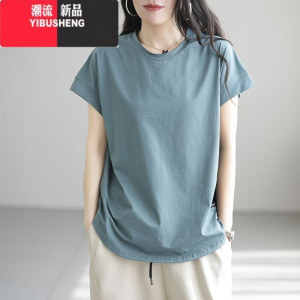 YIBUSHENG2024新款T恤女装短袖圆领时尚休闲文艺简约宽松复古上衣体恤女