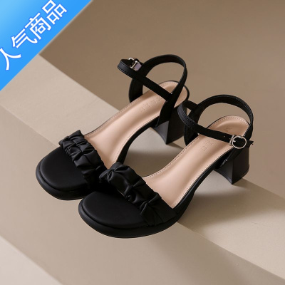 SUNTEK凉鞋女款2023年春季新款时尚温柔百搭小个子粗跟洋气一字扣高跟鞋