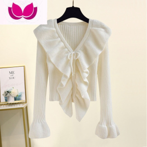 七斓奶huhu茶系套装女春季新款喇叭袖粉色系带毛衣高腰微喇开叉牛仔裤