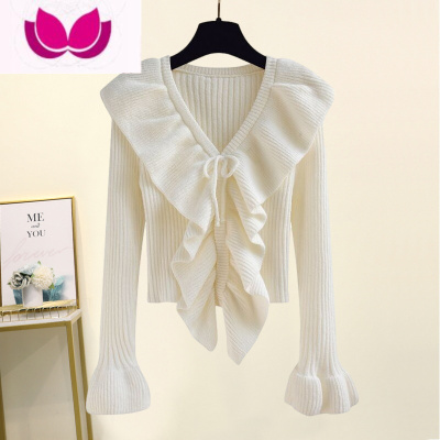 七斓奶huhu茶系套装女春季新款喇叭袖粉色系带毛衣高腰微喇开叉牛仔裤