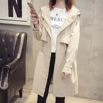 FISHBASKET连帽风衣女中长款韩版女上衣轻熟外套宽松薄款大衣小个子风衣女