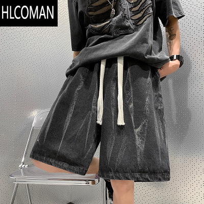 HLCOMAN扎染牛仔短裤男士夏季薄款大码直筒宽松中裤美式潮牌五分裤子男款