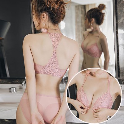 SUNTEK前扣美背文胸套装性感蕾丝白色无钢圈上托聚拢小胸罩露背女内衣裤胸罩