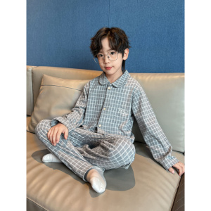 男童秋衣秋裤秋冬款新款冬装中大童格子开衫德绒内衣套装保暖