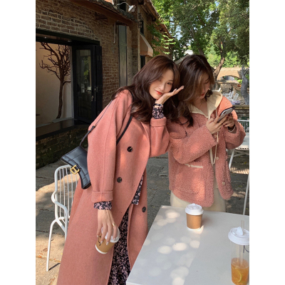 FISHBASKET粉色双面绒毛呢子闺蜜大衣女2020年新款过膝中长款外套毛呢外套