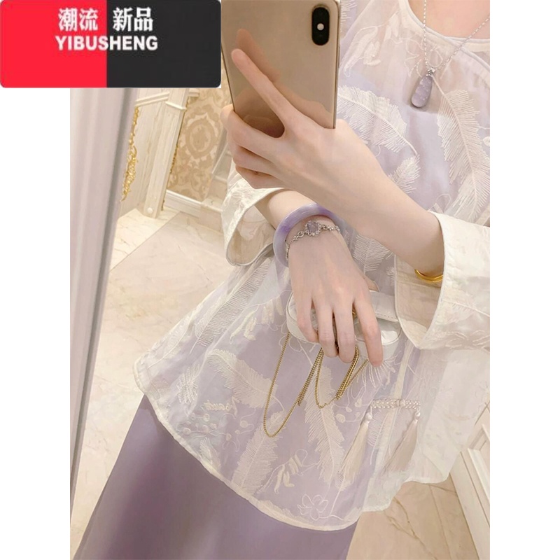 YIBUSHENG新中式女装季大码胖mm改良汉服国风套装白色刺绣衬衫禅意连衣裙