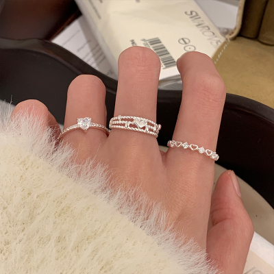 s925纯银戒指爱心组合女小众设计感百搭银饰气质通勤叠戴指环送女朋友老婆情人节七夕生日礼物