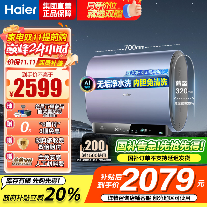 海尔(Haier)60升双胆电热水器家用短款储水式超薄省空间3300w速热净水洗大容量DT7K单/双胆加热镁棒免更换