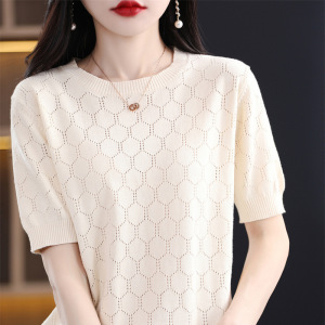 时尚镂空棉线针织短袖T恤女夏季新款圆领宽松T恤衫半袖女