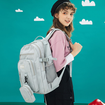 狮闻双肩包女中学生大容量背包初中生大学生书包女韩版高中生电脑包女15.6寸结实潮耐用旅行包行李包背包灰色