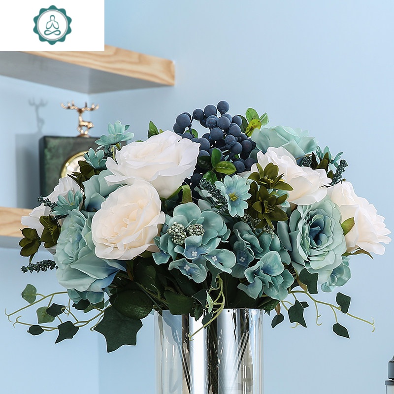 套装餐桌插花绢花花束装饰摆件 封后 蓝色妖姬3束(不含花瓶)仿真植物