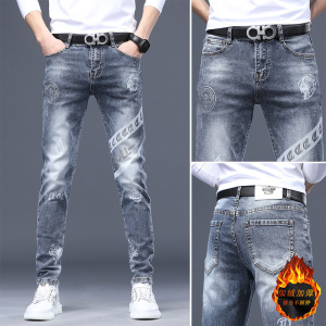 轻奢男士牛仔裤新款秋冬季加绒弹力烫钻印花修身小直筒休闲裤