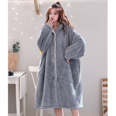 HLCOMAN睡袍女冬季法兰绒浴袍睡裙可爱网红款珊瑚绒睡衣加厚长款秋冬款