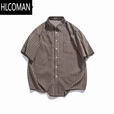 HLCOMAN夏季套装日系复古条纹短袖衬衫男女生港风休闲宽松五分袖衬衣整套