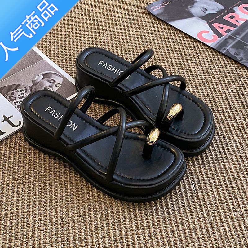 SUNTEK配裙子仙女风夹脚拖鞋女夏外穿超火2023新款网红厚底坡跟海边凉鞋