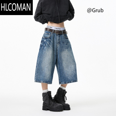 HLCOMAN美式闪电纹七分裤男女夏季高街牛仔短裤宽松百搭cleanfit裤子