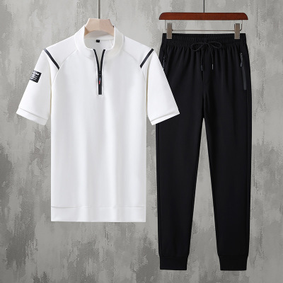 男装夏季新款运动套装男士立领短袖休闲运动服纯色两件套青年套装