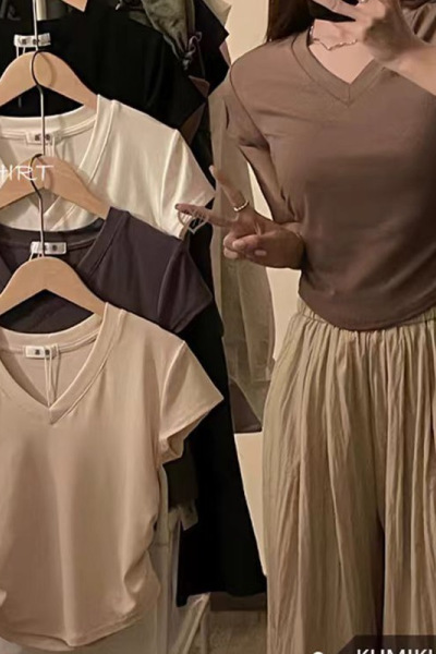 夏季法式收腰设计感正肩短袖T恤女修身短款V领打底衫显瘦上衣女装