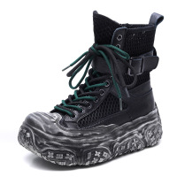 头层牛皮透气网面马丁靴女2025夏季新款镂空凉靴休闲厚底高帮凉鞋